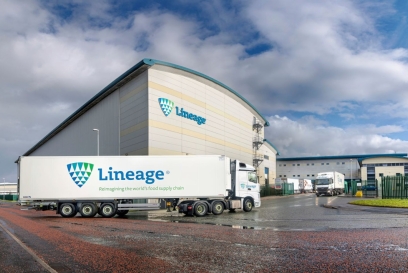 Lineage semi truck in front of cold storage warehouse