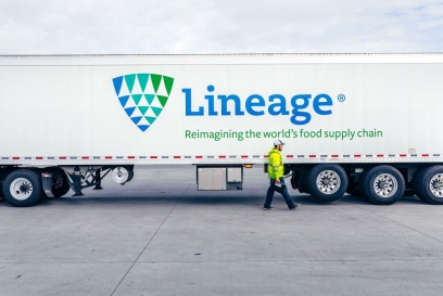 team member walking in front of Lineage truck